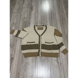 Neutral Colorblock Striped Waffle Knit Cardigan Sweater Button Front Womens M